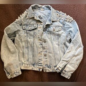 Women's Light Blue Denim Jacket with Pearl Detailing